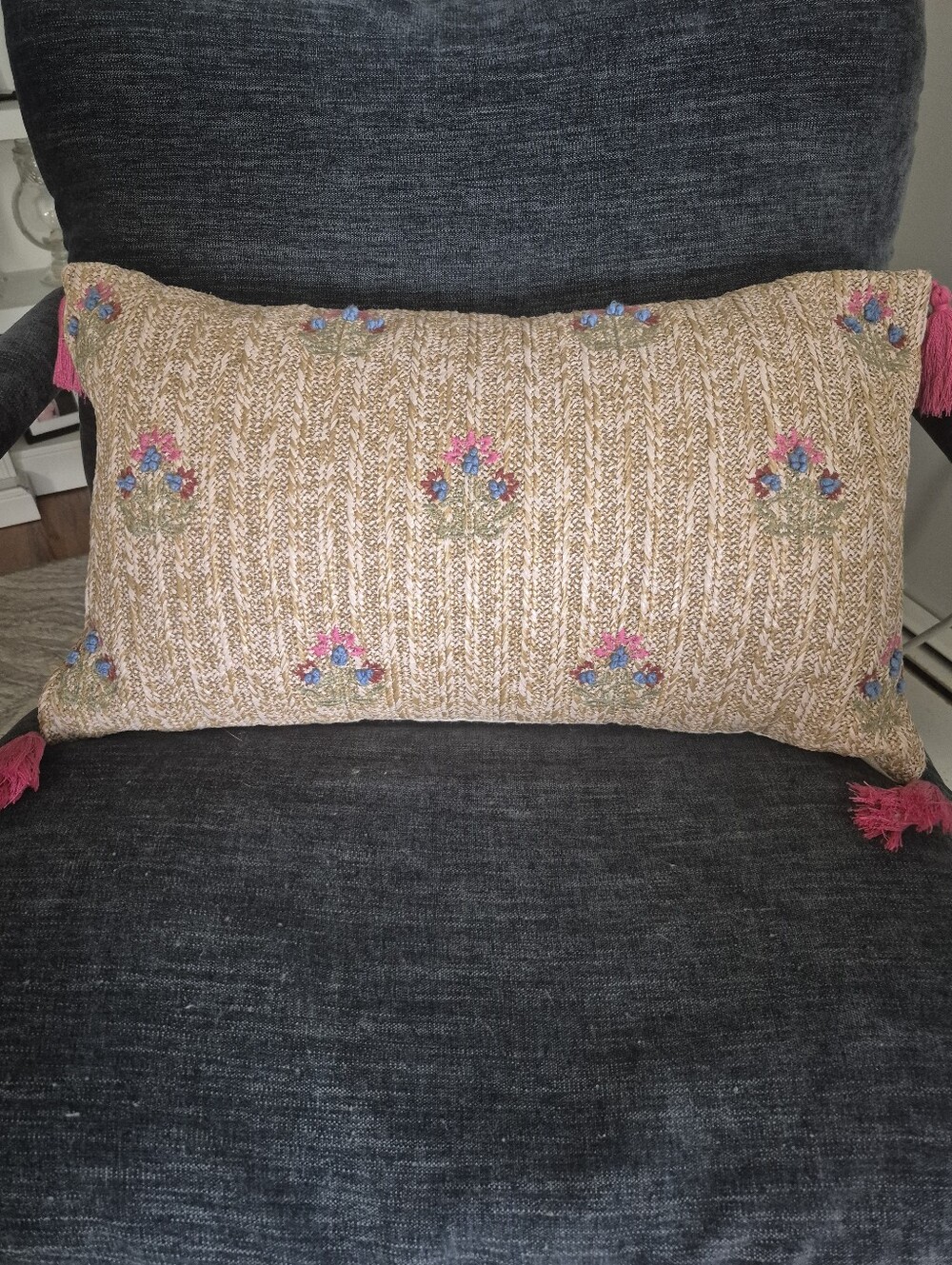 Decorative Beige Woven Lumbar Pillow with Pink Tassels